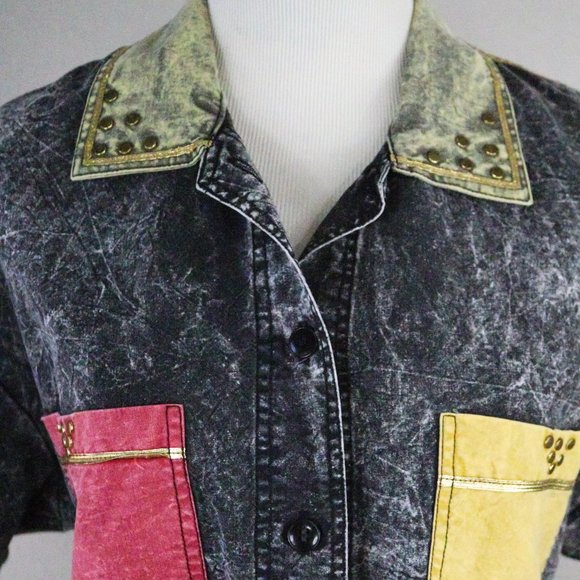 80's Acid Wash Vintage Button Down Two Tone Shirt Stranger Things Style - Picture 4 of 9